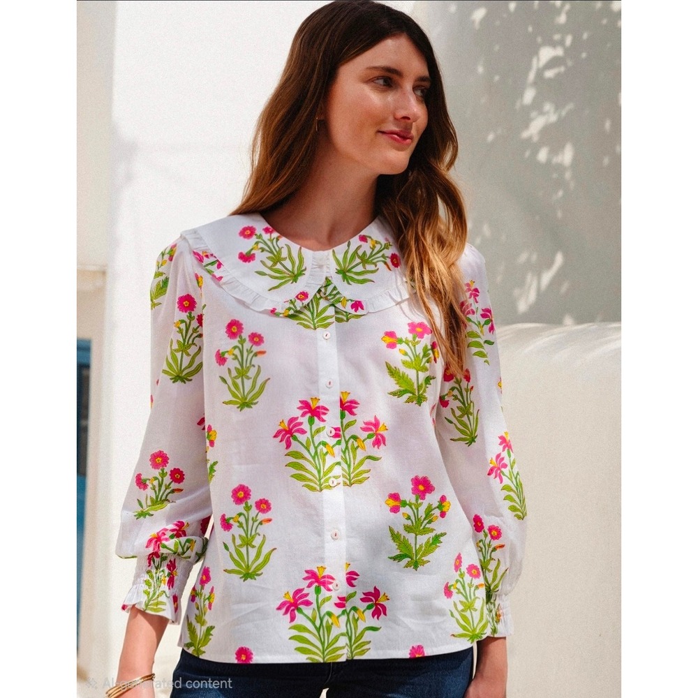 Pink City Prints Isabel White Pink Floral Peter Pan Collar Cotton Blouse Large